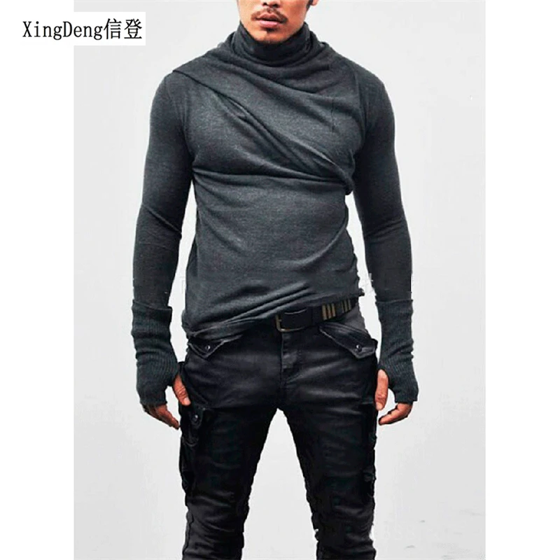 XingDeng men turtleneck mittens long sleeve T-shirt Men fashion casual tee gloves male slim fit punk  costume clothing top coats