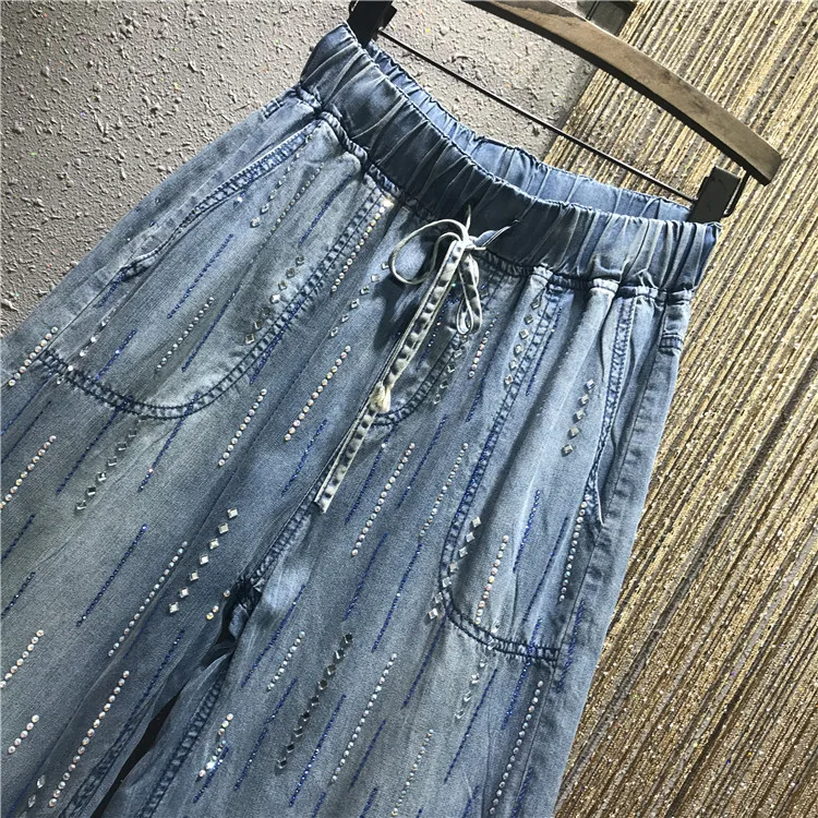 2023 Spring Summer New Jeans Women\'s Thin Colored Diamond Rhinestones Loose Elastic Waist Girls Ladies Denim Harem Pants