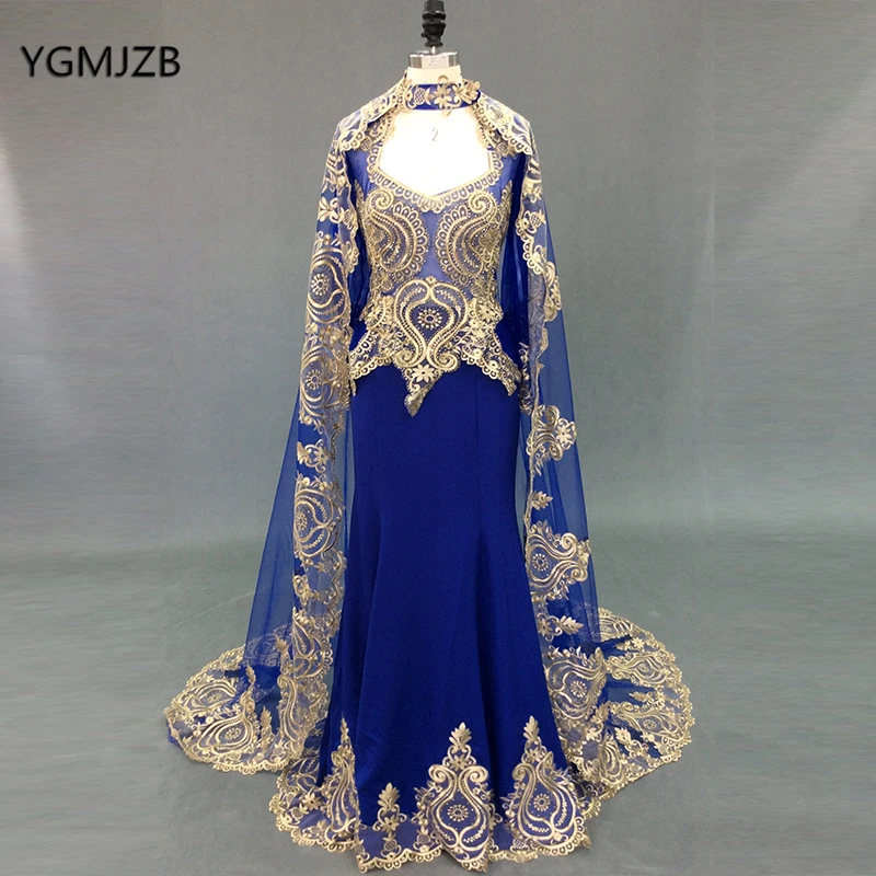 Royal Blue Muslim Mermaid Evening Dresses 2020 Long Sleeves Gold Embroidery Beaded Crystals With Cape Long Formal Evening Gown