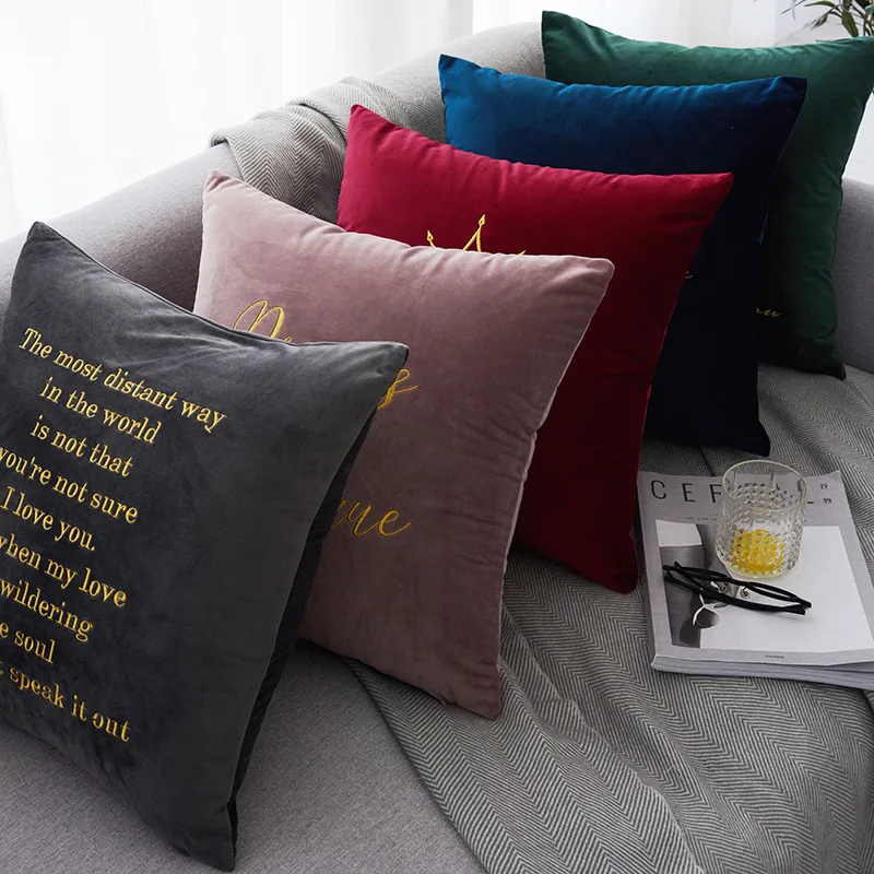 Solid Velvet Cushion Cover Home Decorative Embroidery Pink Grey Red Green Love Poem Pillow Cover for Home Sofa Bed 45x45cm