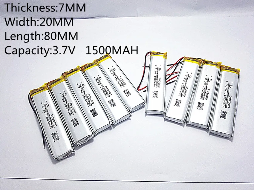 10pcs 3.7V,1500mAH,702080 PLIB polymer lithium ion / Li-ion battery for GPS,mp3,mp4,mp5,dvd,bluetooth,model toy mobile bluetooth