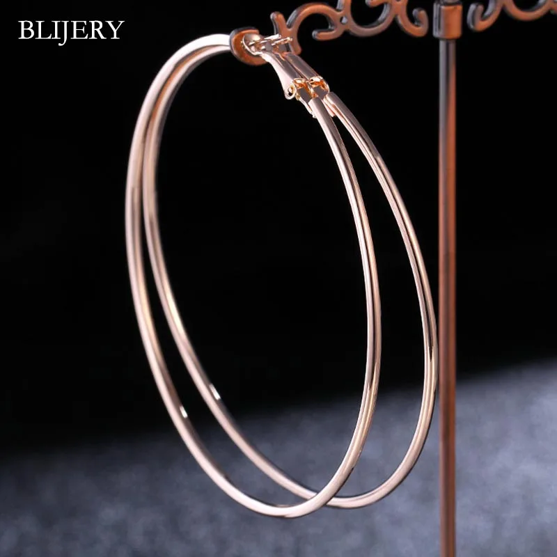 BLIJERY Celebrity Rose Gold Color Large Circle Hoop Earrings For Women Jewelry Smooth 10MM Big Round Circle Earrings Brincos