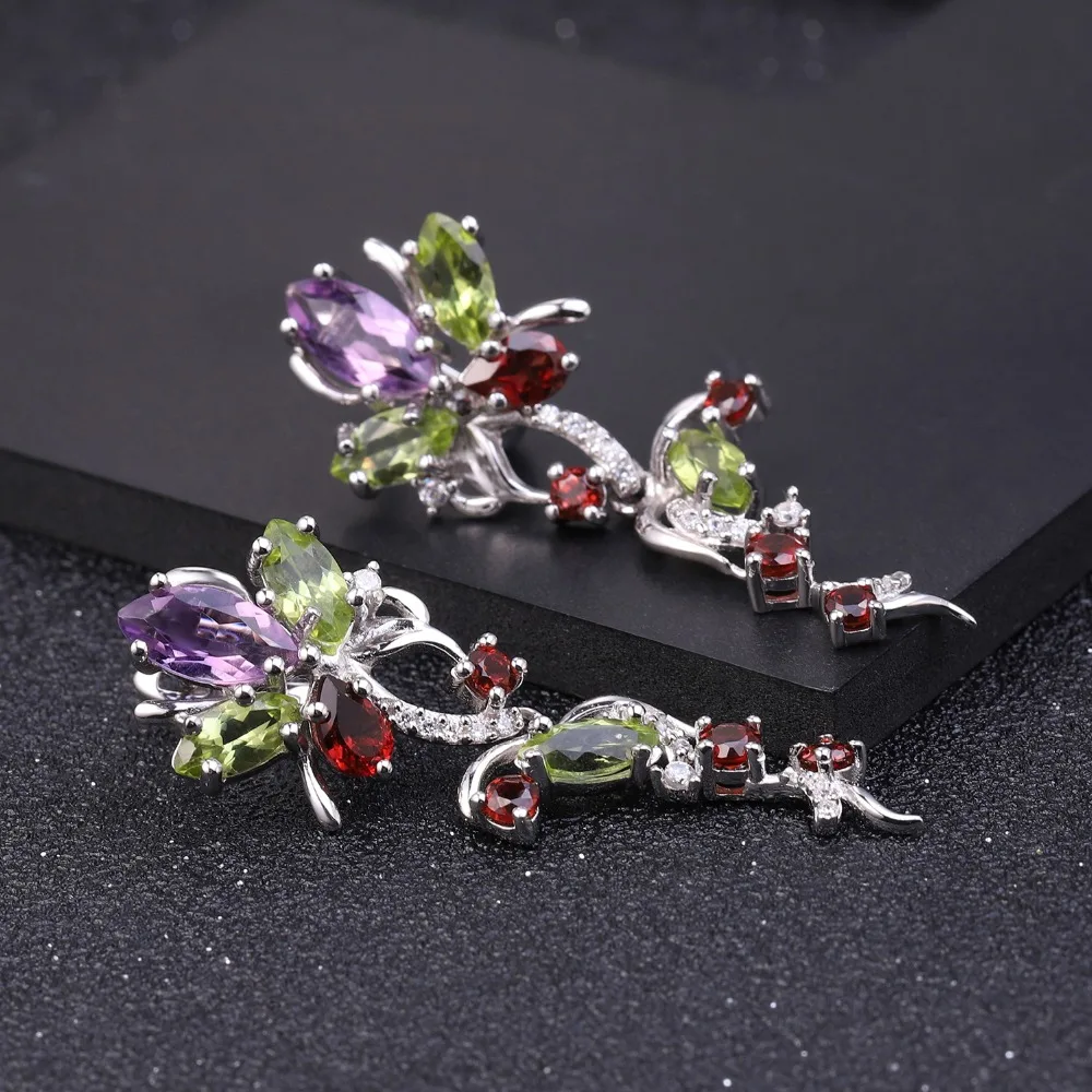 GEM'S BALLET Flower Multicolor Natural Peridot Amethyst Garnet 925 Sterling Silver Vintage Drop Earrings Fine Jewelry for Women