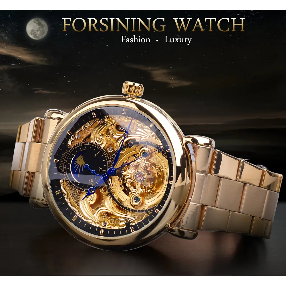 Forsining Mens Skeleton Automatic Mechanical Watch Golden Vintage Moon Phase Steel Male Wristwatch Top Brand Luxury Montre Homme