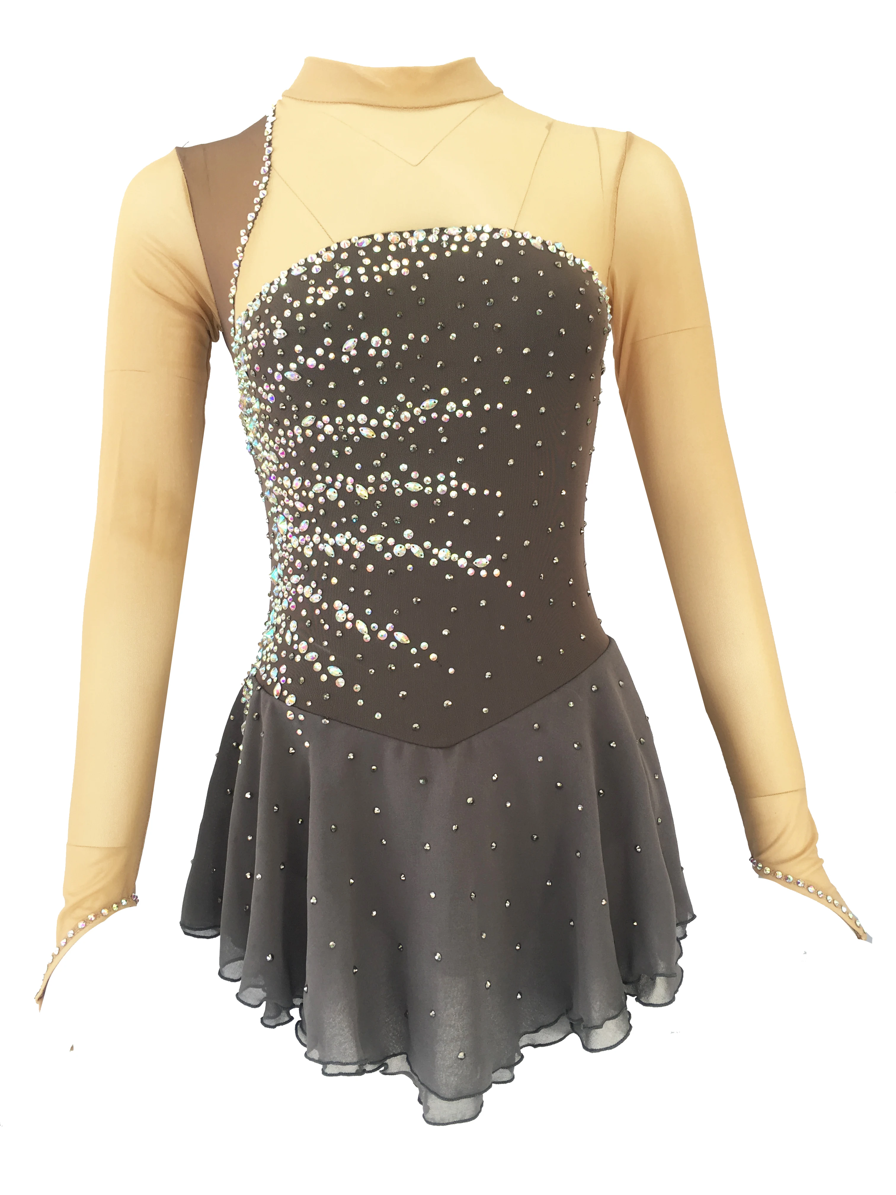 Gray Figure Skating Dress,Long-Sleeved Ice Skating Skirt,Fingerpoint Sleeves Spandex Competition Dresses Half Collar Mesh Skirt