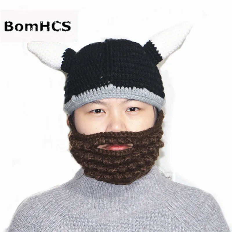 BomHCS Funny Party Halloween Cap Men\'s Head Beard Beanie Horn Hat Handmade Winter Warm Birthday Gift