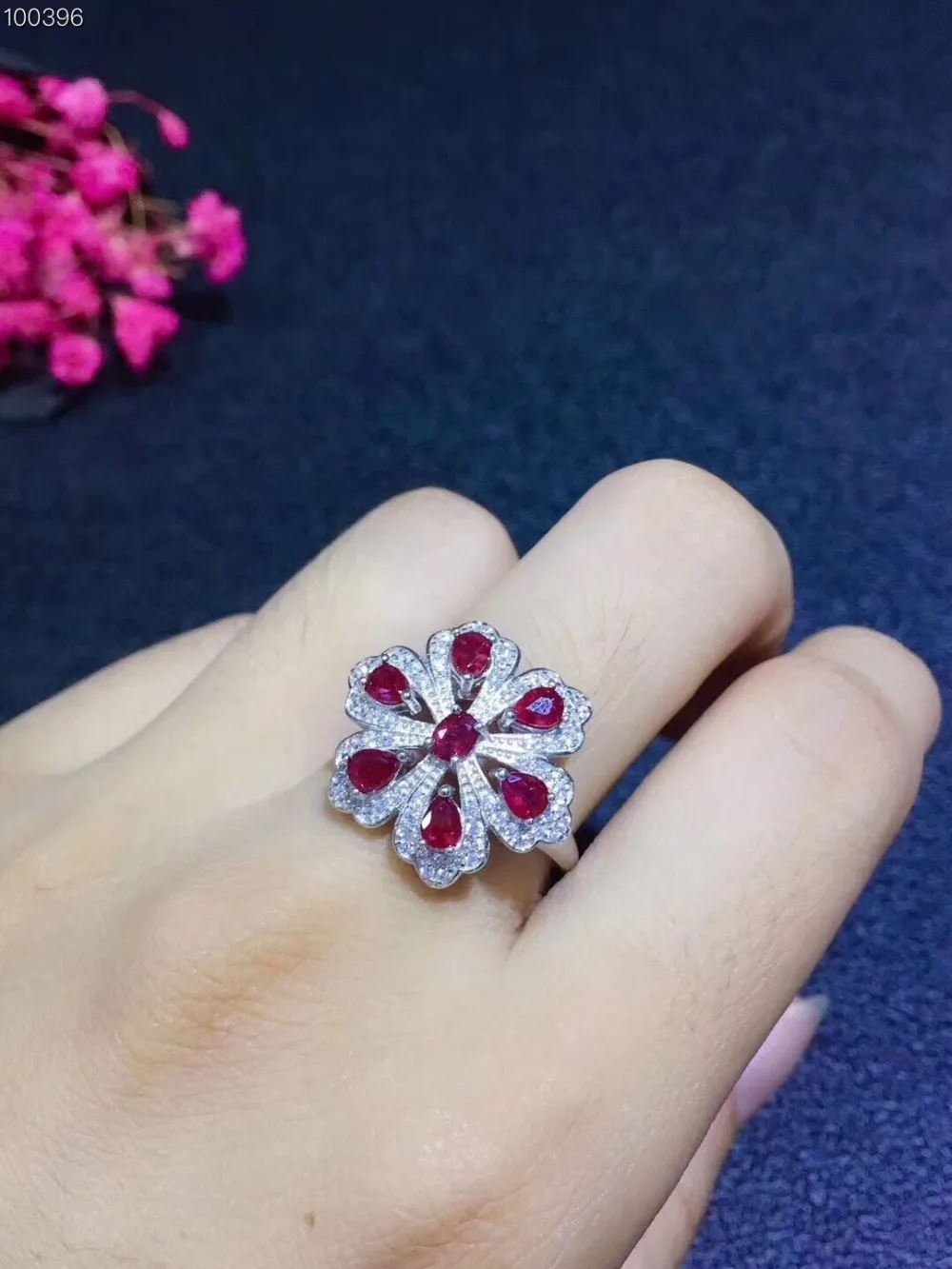 Flower Ring Natural ruby ring Free shipping Natural and real ruby 925 sterling silver 3*4mm 7pcs gemstone