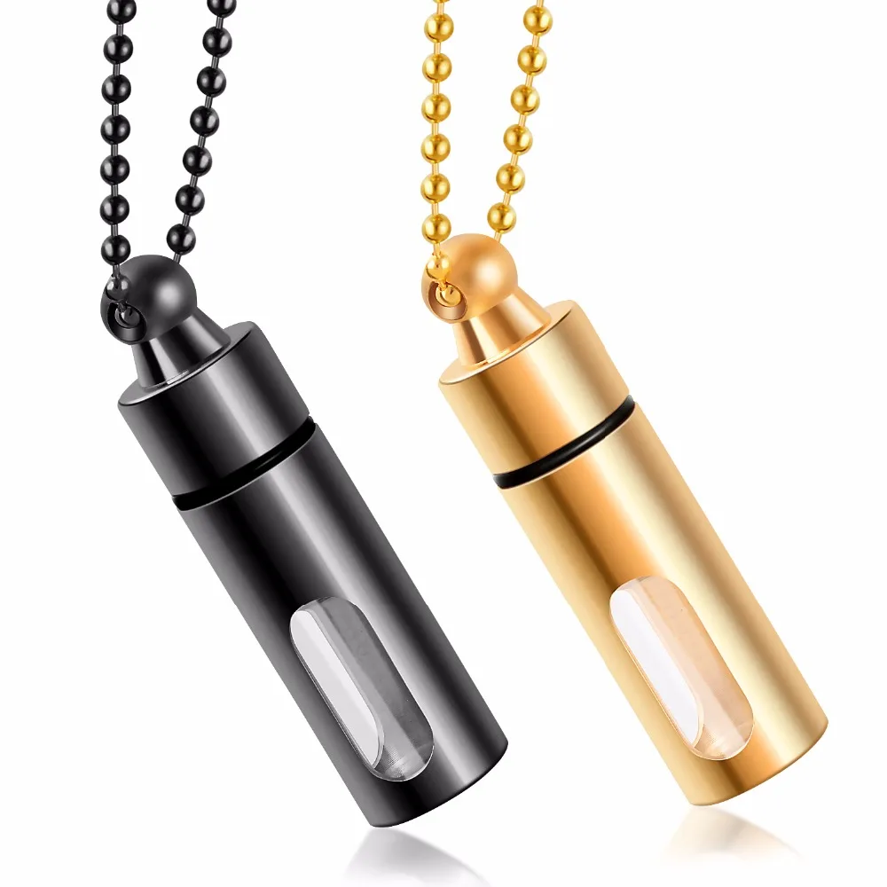 Unisex Stainless Steel Glass Inside Cylinder Urn Pendant Necklace for Ashes Memorial Keepsake Cremation Jewelry with Filling Set