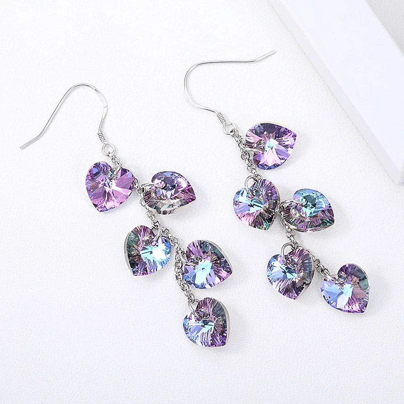 Original Heart Crystals From Austria Tassel Drop Earrings Colorful Beads Hanging Silver Color Dangle Earrings Piercing For Women