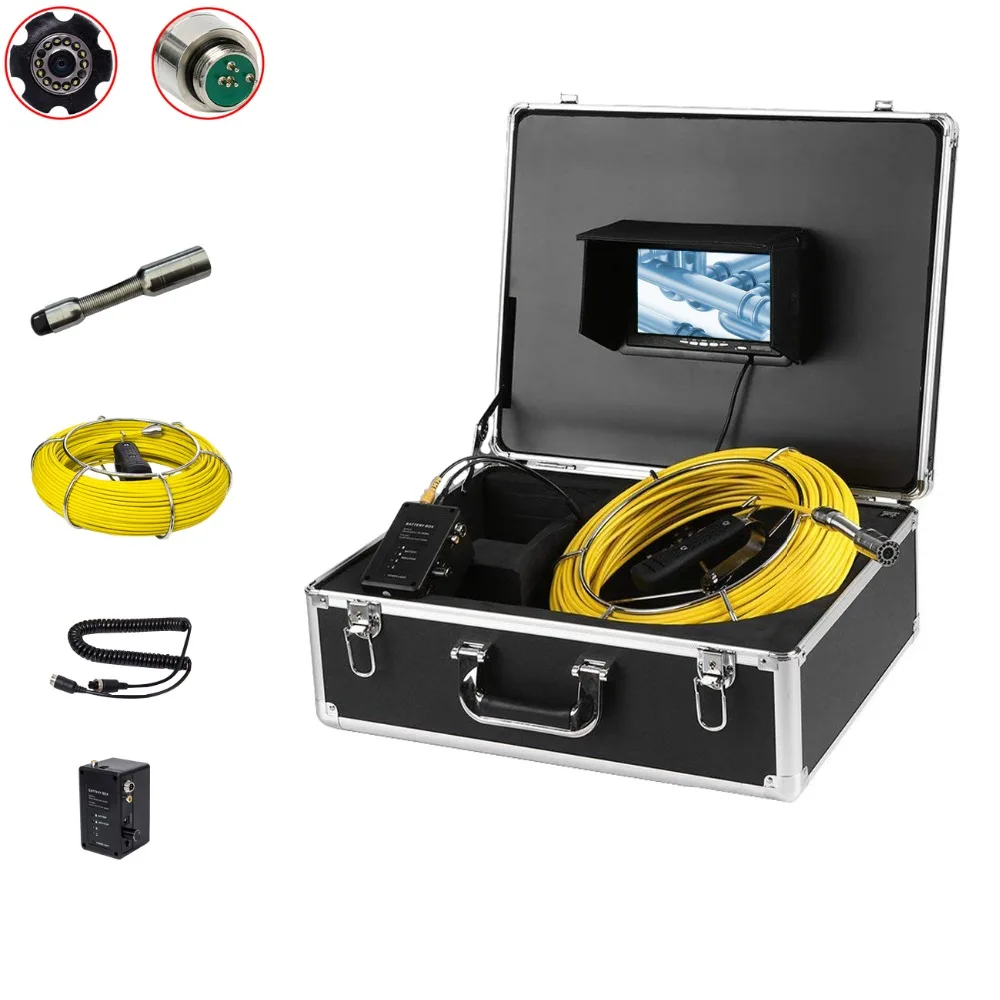 Battery-Operated Push Rod 20M Fiberglass Cable 7 Inch Monitor Snake Pipe Inspection Camera System With 23mm Camera Head