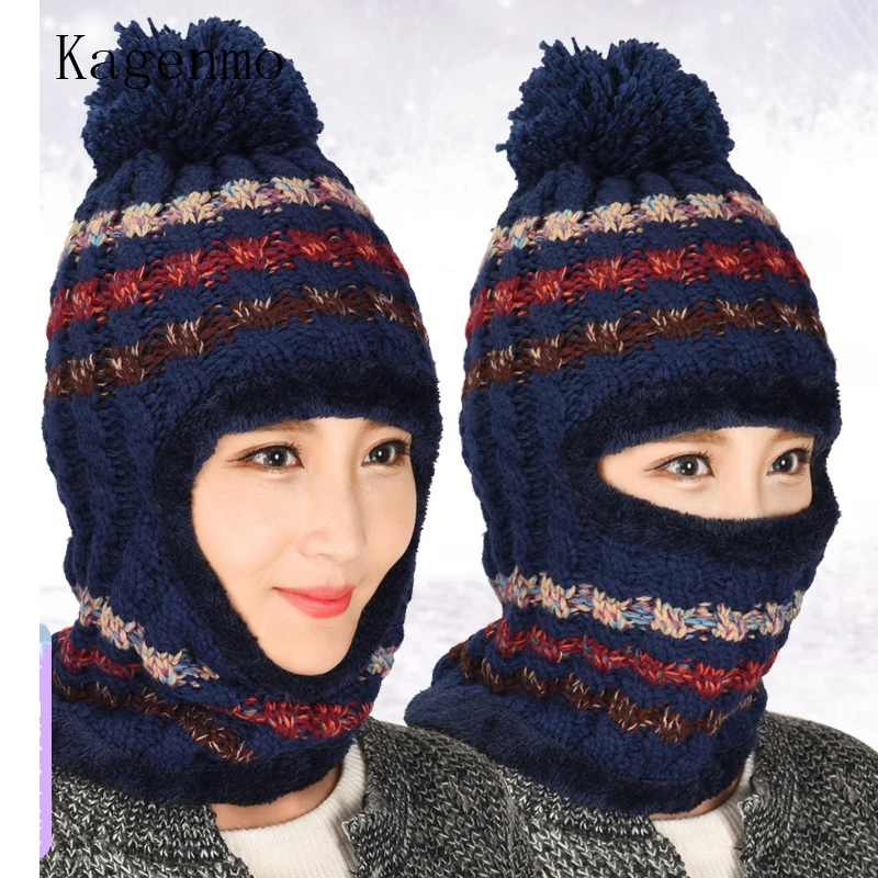 Kagenmo Thick Woolen Knitting Neck Protection Hat Female Warm Winter Baseball Cap Ear Protection Keep Warmth Face Winter Hats