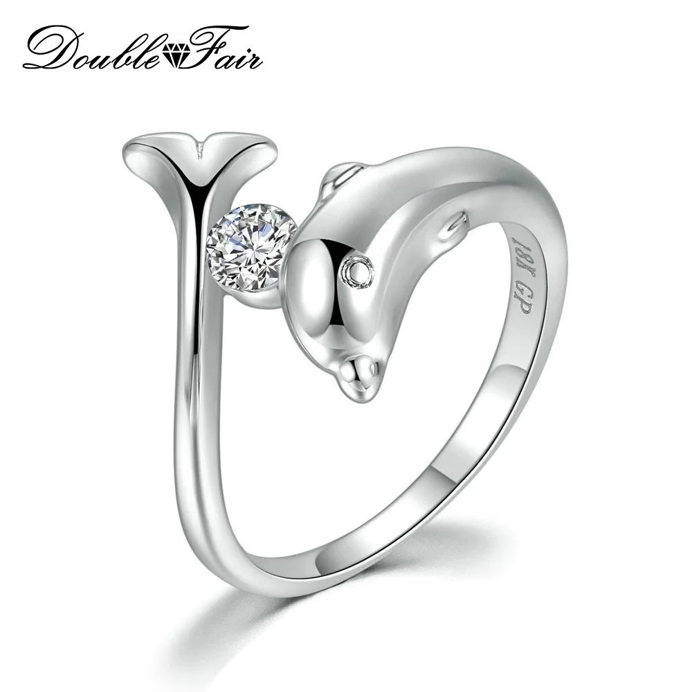 Double Fair Love Dolphin Rings For Women White Gold Color Birthstone Crystal Ring Jewelry Girls Birthday Gifts DFR788M