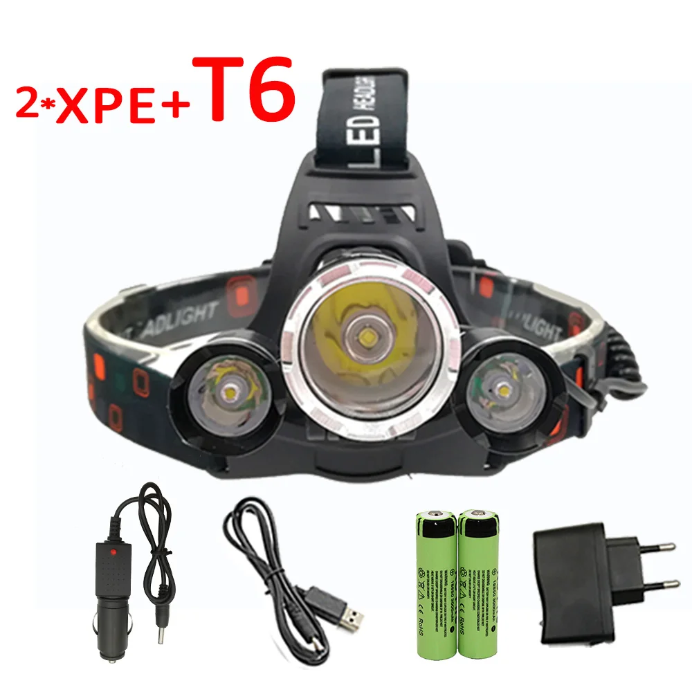 T6 +2 x XPE LED Headlamp 3 LED Headlight 4 Mode Head Lamp Light Rechargeable Flashlight Torch Lantern +18650 Battery + Charger