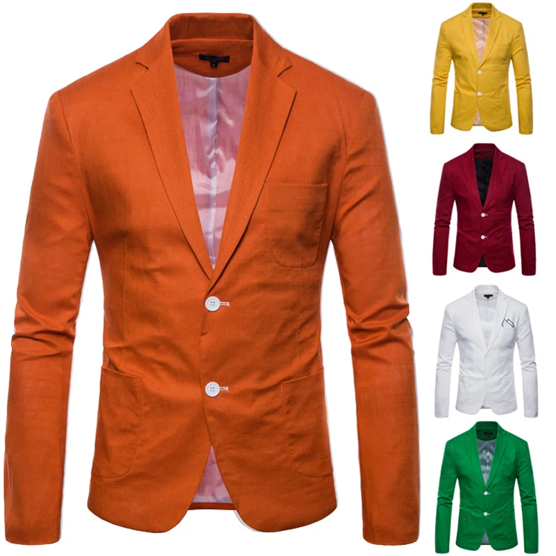 

Candy Color Breathable THIN Summer Jacket Men Linen Blazer Casual Slim Fit Green Orange Blue Black White