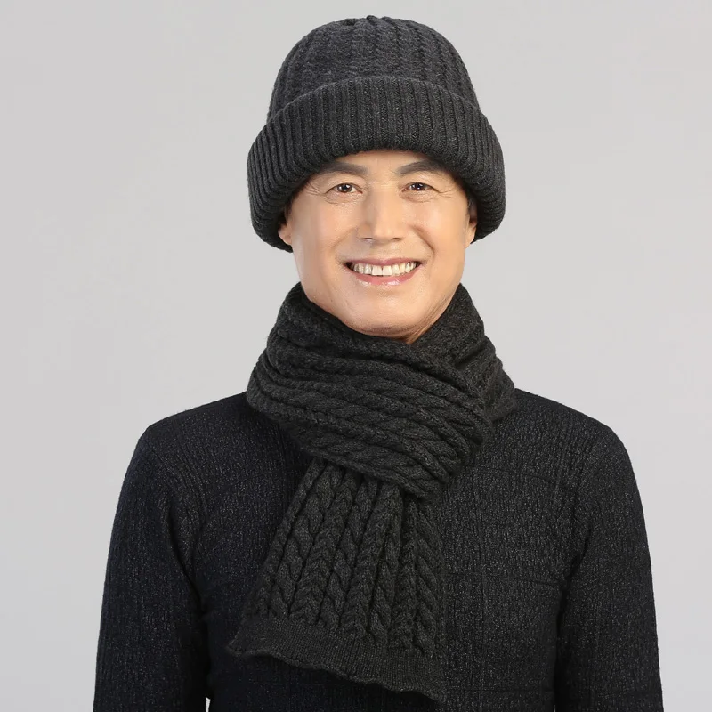 Old Man Hat Adult Middle Age Male Winter Knit Wool Cap Elderly Father Grandpa Birthday Present Warm Thicken Scarf Hats Set H7144