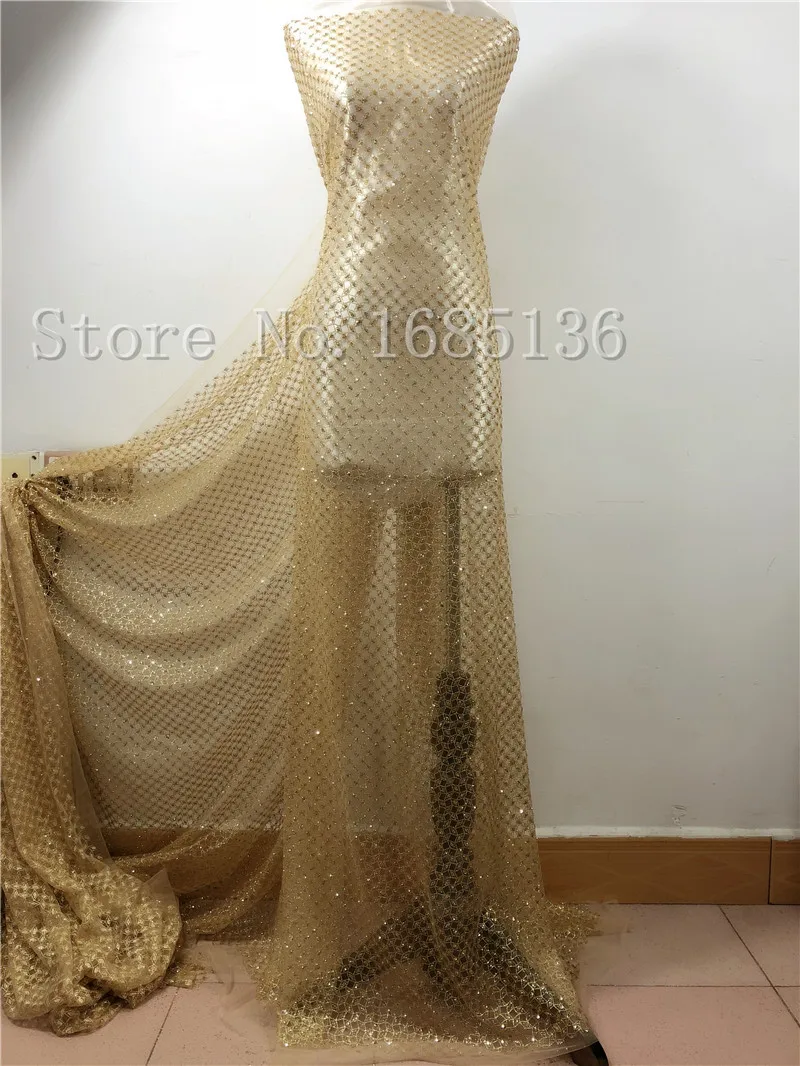 

special design 5yards gold color glued glitter print french mesh tulle lace fabric with glitter for party dress