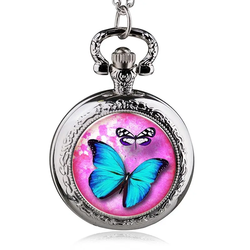 Butterfly Quartz Relógio De Bolso Para Crianças, Colar De Prata Tone Cadeia, Jóias Relógios, 85cm, Novo