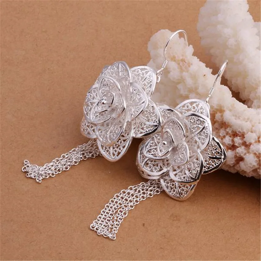 Korean explosion models silver color jewelry Women lady weding party elegant woman big flower earrings E275