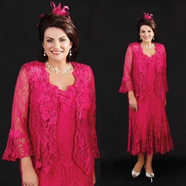 Vintage Mutter Der Braut Kleider Fuchsia Spitze Mütter Hochzeit Gast Kleid Vestidos Plus Größe Mutter der Bräutigam Kleid