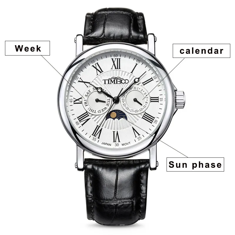 Men\'s Quartz Watches Auto Date Sun Phase Black Leather Strap Roman Numerals Business Sport Wrist Watch Colck relogio masculino