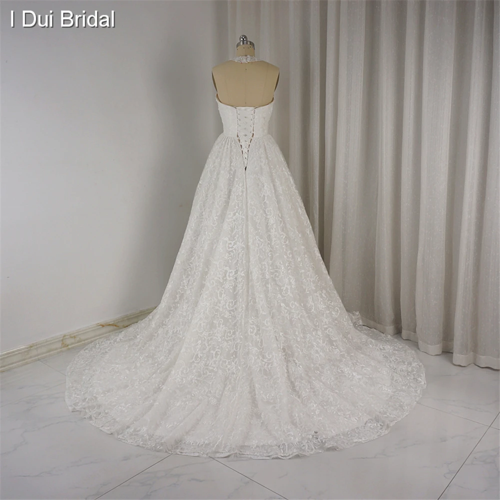 Halter Wedding Dress Jauh V Neck Ball Gown Lace Real Photo Bridal Gown Jewel Belt Custom Made ELS0002