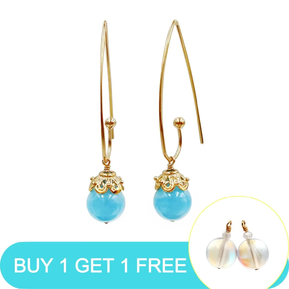 Lii Ji Gemstone Natural Blue Aquamarine 10mm 925 Sterling Silver 18K Gold Plated Long Drop Earrings