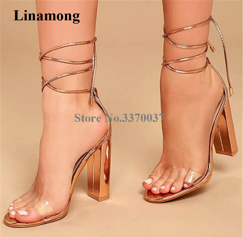 

Women Charming Fashion Open Toe One PVC Strap Chunky Heel Sandals Gold Blue Ankle Strap Cross Thick High Heel Sandals Heels