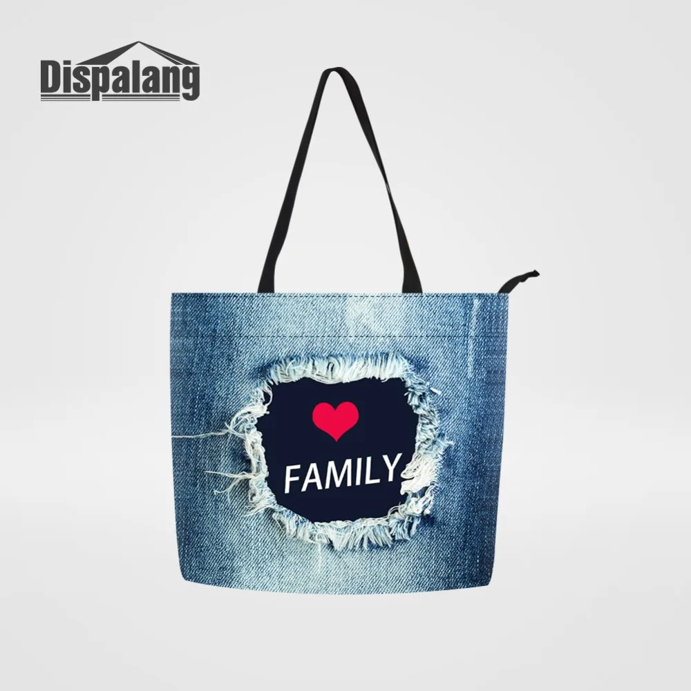 Personaliza tu propio diseño/logotipo bolso de compras para mujer patrones de mezclilla bolsas de comestibles portátiles reutilizables bolsos de compras para mujer