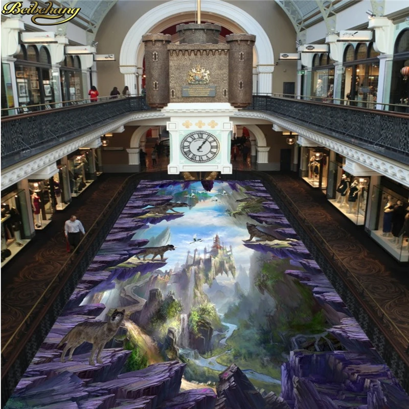 

beibehang Custom Photo Wallpaper Floor Painting Sticky 3D Wolf Cliff 3D Floor Sticker Thicker Wear Resistant PVC Floor