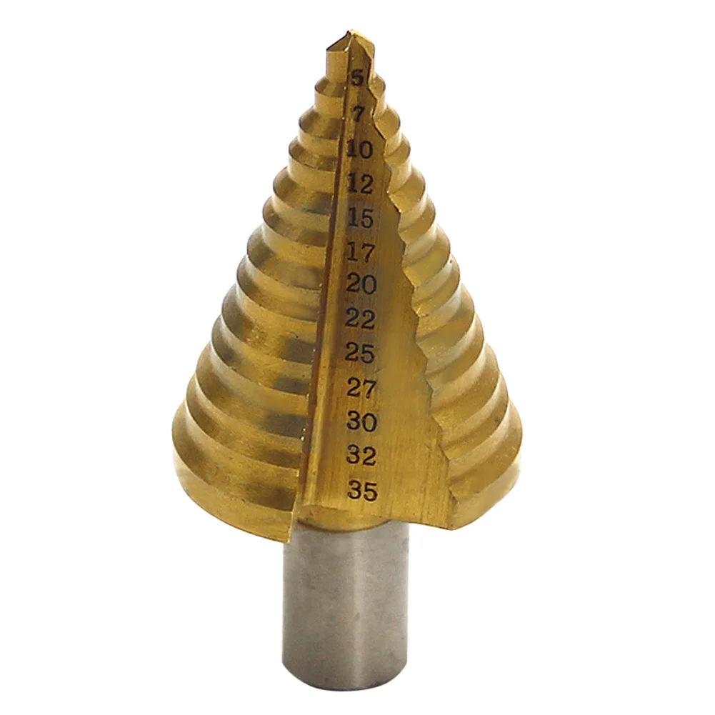 

Woodworking Tool 5-35mm HSS Titanium Round Shank Cone Step Drill Bit Wood Metal Drilling Hole Saw Cutter Tool 13 Steps