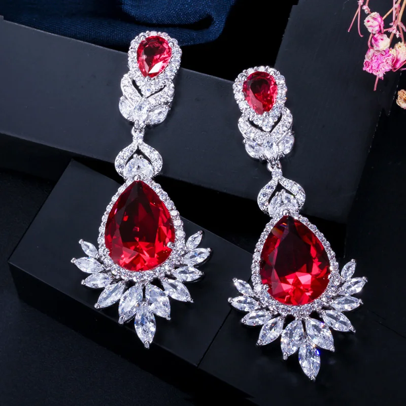 CWWZircons Wunderschöne Königliche Rote Zirkonia Lange Braut-Hochzeits-Ohrringe mit Großen Tropfen in Marquise-Schliff, Schmuckgeschenk für Bräute, Großhandel E0003 – Detail 6