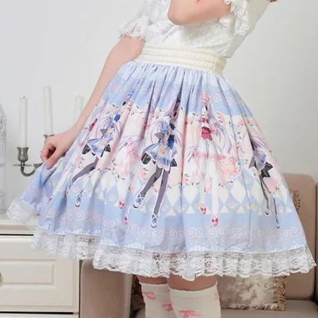 Women Summer Kawaii Skirts Super Cute Japanese Cartoon Characters Printed Skirt Lolita Princess Sweet Hot Sale Pleated Bottoms