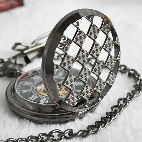 

5pc/lot Vintage Black Steampunk Roman Dial Skeleton Full Metal Windup Mechanical Pocket Watch With Chain Pendant