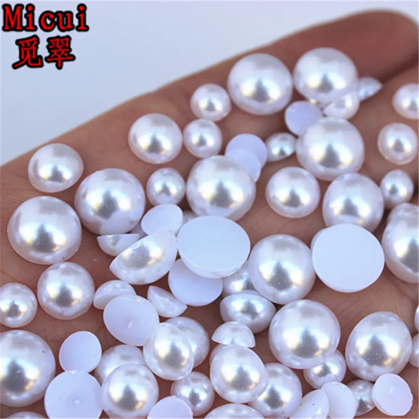 Micui 6/8/10/12mm White/Ivory Round Imitation Pearl ABS Half Pearls Flatback BeadS For Jeweory Clothes Crafts Decoration MC134