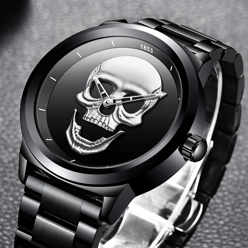 LIGE Skeleto Men Watch Top Brand Casual 3D Skull Full Steel Waterproof Military Sports Male Quartz Wrist Watch Relogio Masculino