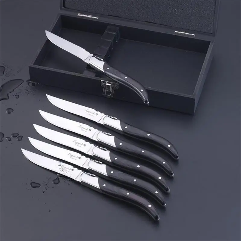 

6pcs 8.7" Laguiole Style Steak Knife Stainless Steel Black Wood Handles Dinner Knives Cutlery Flatware Set Western Wedding Gift