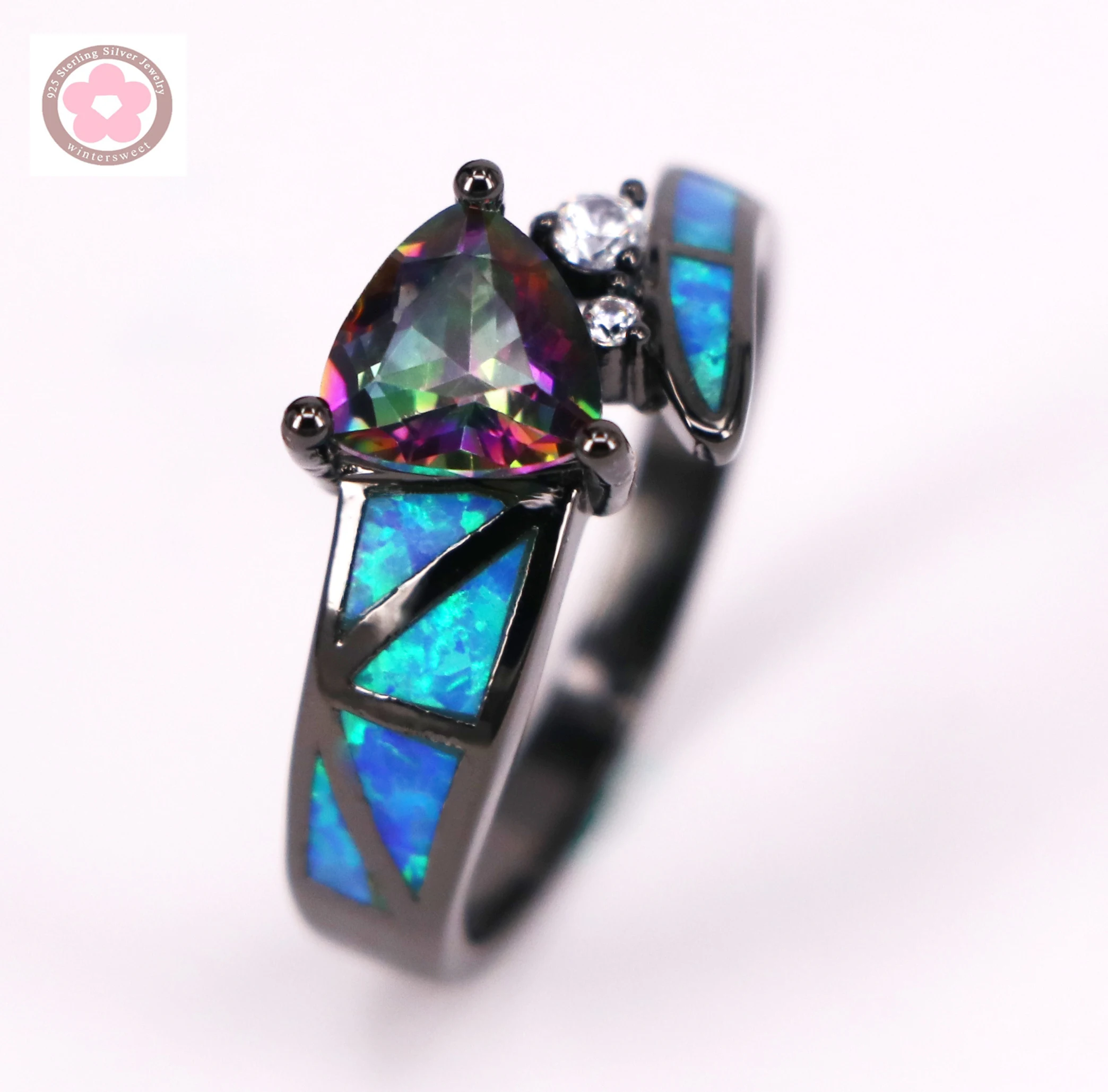 

JLR-219 Hot Sale Black Gold Filled AAA Rainbow Crystal & Blue Opal Rings Fashion Jewelry For Women Cocktail Ring