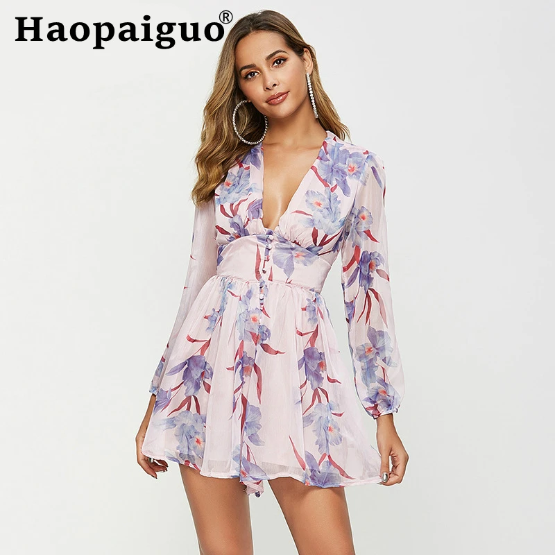 ผู้หญิง Jumpsuit 2019 ฤดูใบไม้ร่วงเซ็กซี่พิมพ์ดอกไม้ Ruffle Body Femme Vneck Chiffon Playsuit Rompers ชายหาด Overalls สำหรับสุภาพสตรี