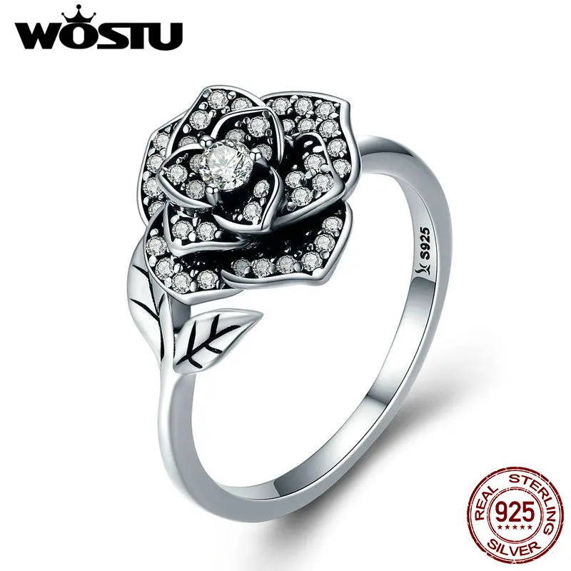 

WOSTU 100% 925 Sterling Silver Rose Flower Clear CZ Finger Rings For Women Wedding Engagement Fashion Jewelry Gift CQR382