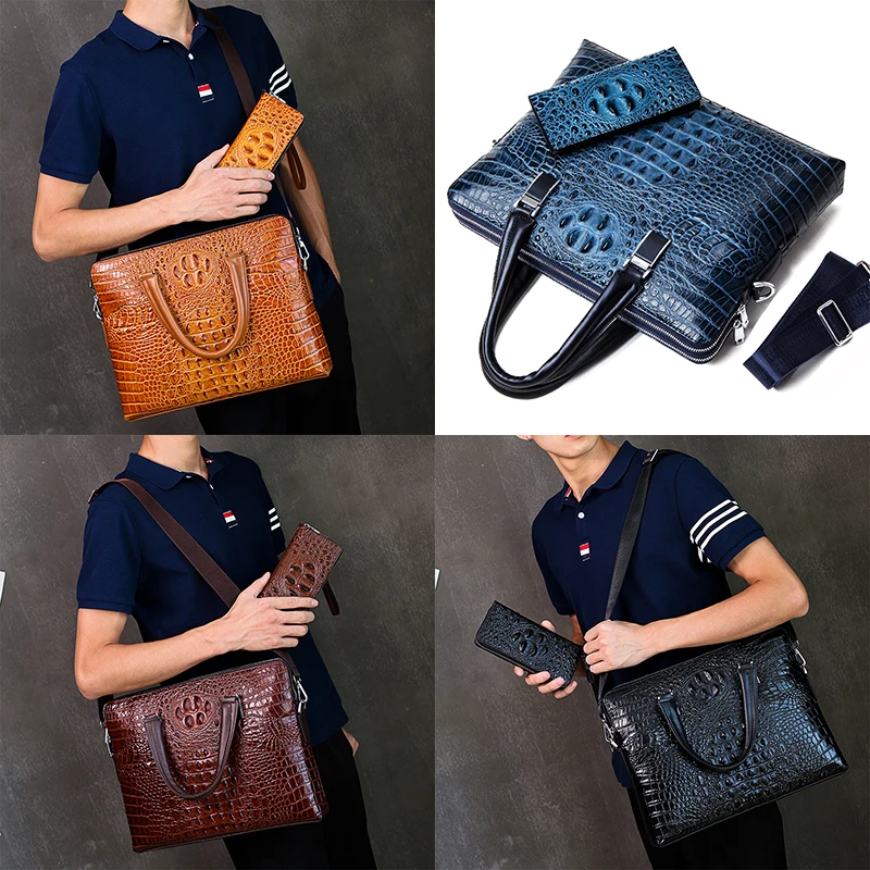 New Luxury 100% Cow Genuine Leather Business Men's Briefcase Male Shoulder Bag Alligator Messenger Bag Tote Computer Handbag