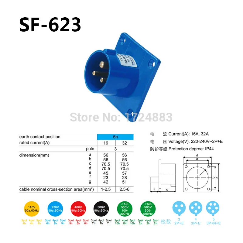 Conector Industrial de 3 polos 32A, enchufes macho y hembra SF-123/SF-323/SF-423/SF-523/SF-623/SF-123L, resistente al agua IP44, 220-240V ~ 2P + E