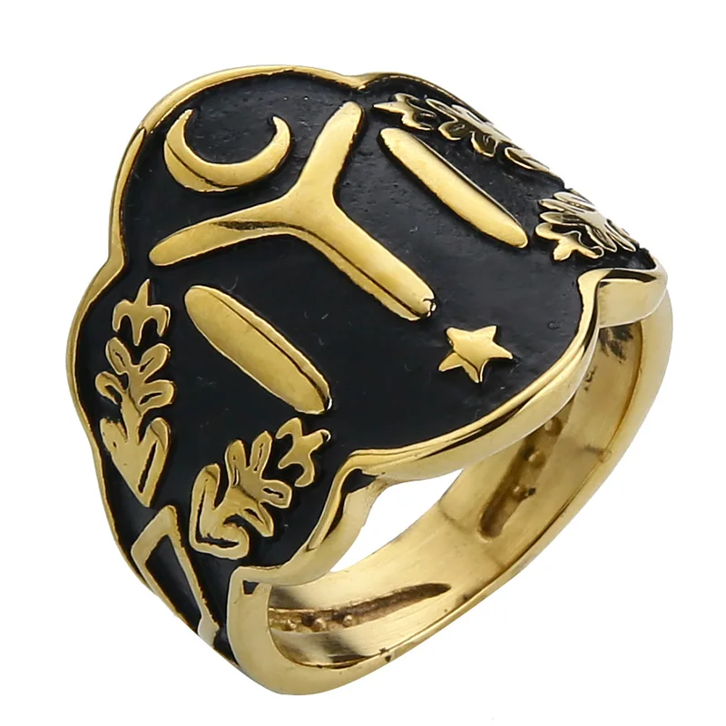 Valily Size 7-13 Ottomans Seal Kayi Ertugrul Men Rings Cool Two Tone Vintage Stainless Steel Star Moon Ring for Men Punk Jewelry