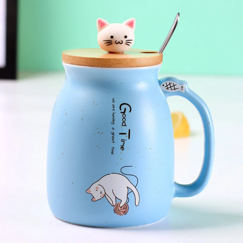 Mug chat coloré créatif résistant à la chaleur avec couvercle, tasse de 450ml, chaton café, tasses en céramique pour enfants, verres de bureau,