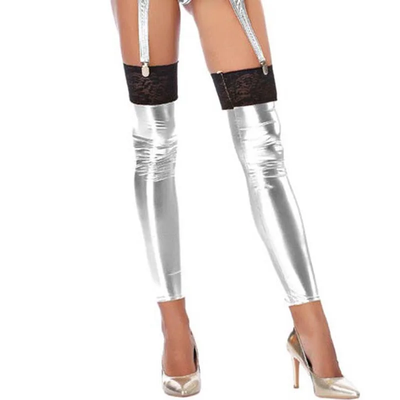 Sexy Women Foil Shiny Footless Thigh High Stockings Lace Top Leg Wraps Stretch Tights Rave Dance Wear