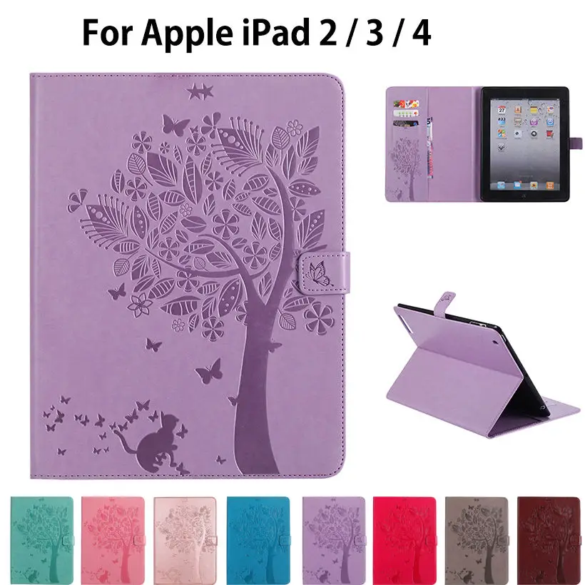 For Apple Ipad 2 3 4 Cases High quality PU Leather Flip Stand Cat Tree Pattern Case For iPad2 iPad3 iPad4 Cover Funda Skin Shell