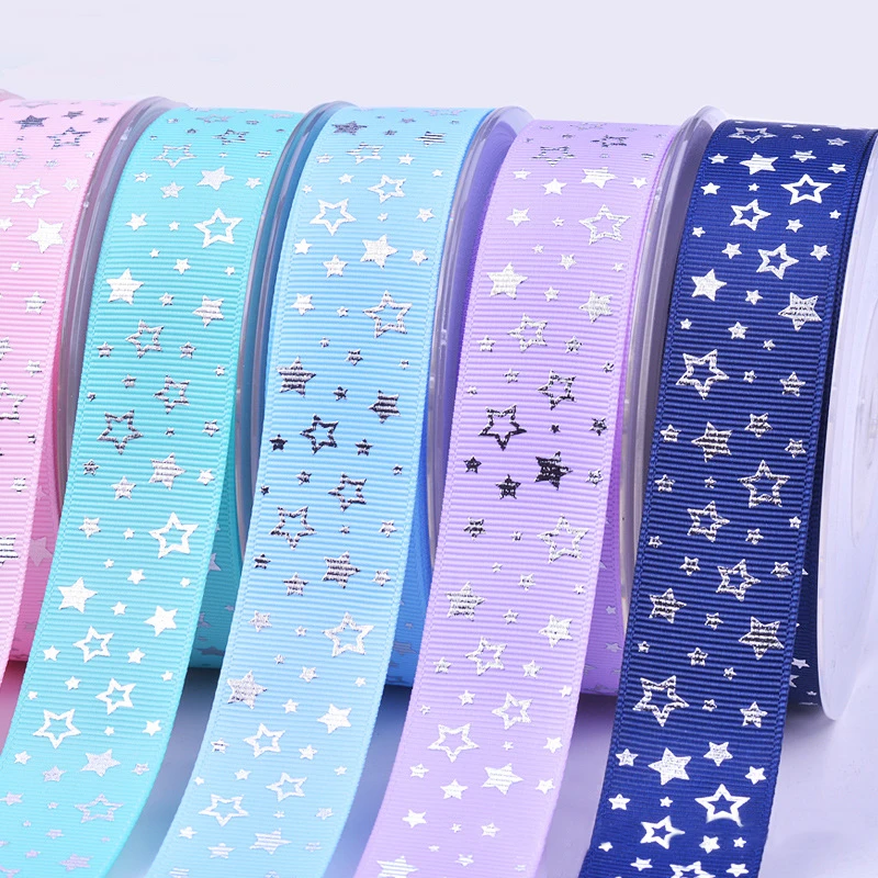 

Little Twin Stars Series Printed Grosgrain Ribbon 25mm Silver Foil Star Print Ribbons for Sewing Handmade Crafts Gifts Pack Tape