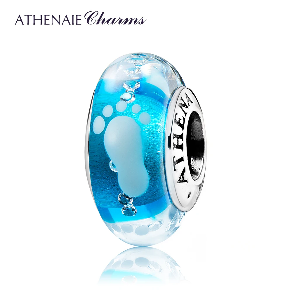 ATHENAIE New 925 Sterling Silver Baby Footprint Murano Glass Beads Blue Charms fit Charms Bracelets & Necklaces Jewelry Making