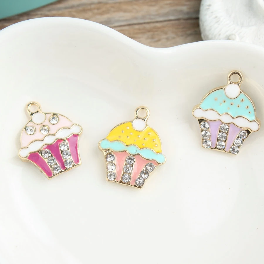 30PCS Bling Crystal Rhinestone Cute Enamel  Cup Cakes Alloy Pendant Floating Charms for Keyring Bracelet Earring 15*18mm