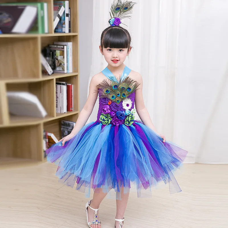 2021 New Design Stunning Peacock Tutu Dress And Girls Peacock Feather Mesh Dress Halloween Photo Props Fancy Cosplay Clothing