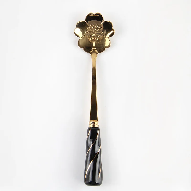 Tableware Coffee Stirring Spoon Ceramic Handle Flower Scoop Stainless Steel Gold Plated Cherry Rose Spoons Kitchen Tools